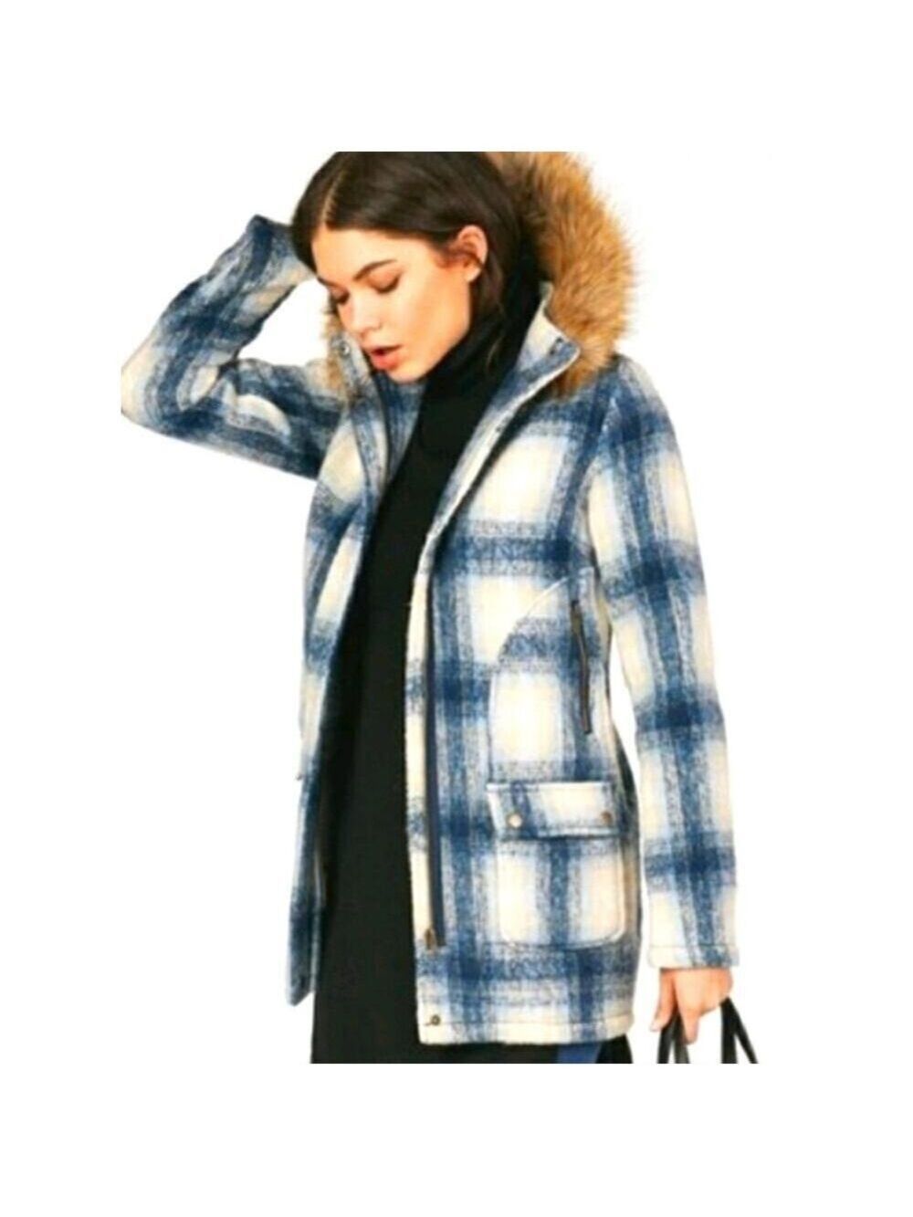 JustFab Plaid Hooded Faux Wool Coat/Jacket. Blue Size XXL